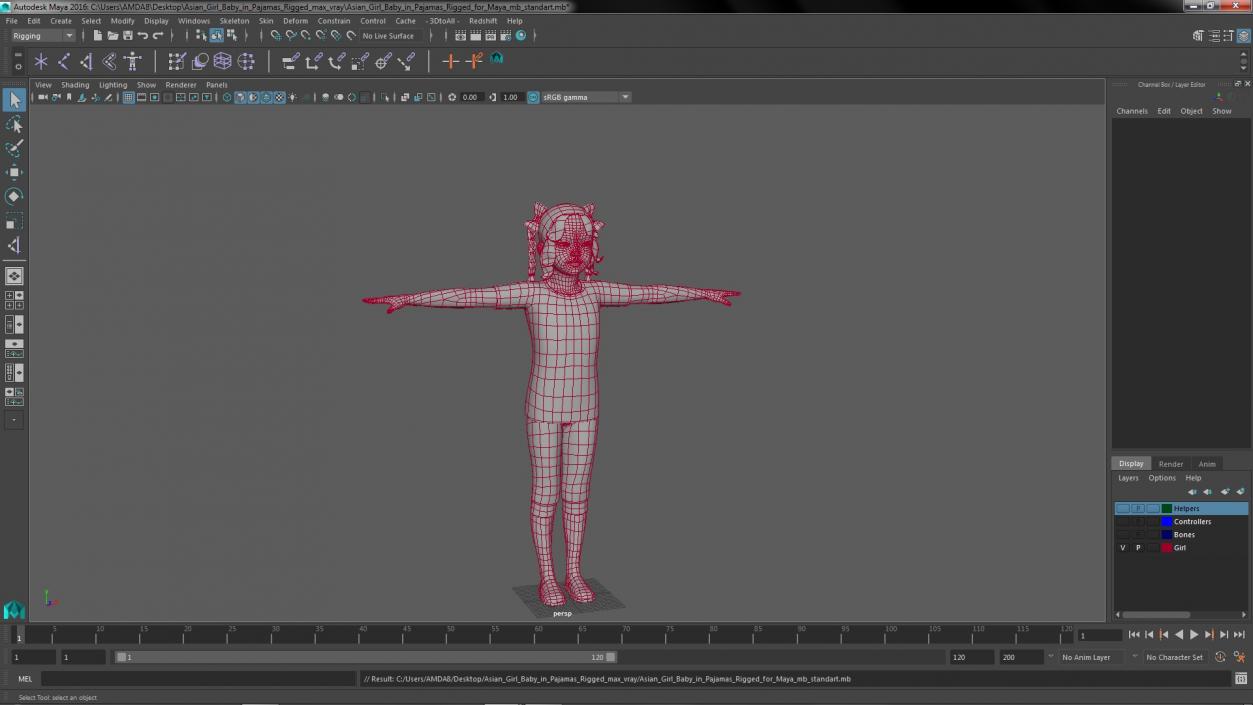 Asian Girl Baby in Pajamas Rigged for Maya 3D