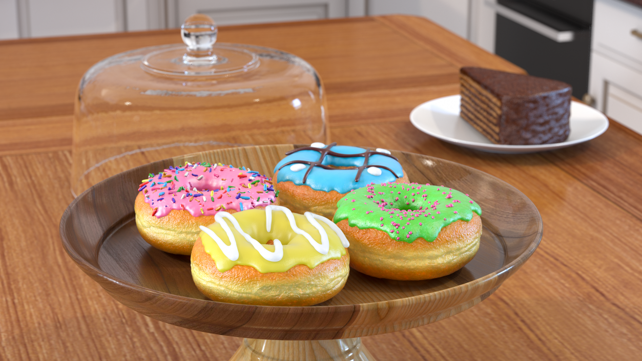 Cake Stand Wooden with Donuts 3D model