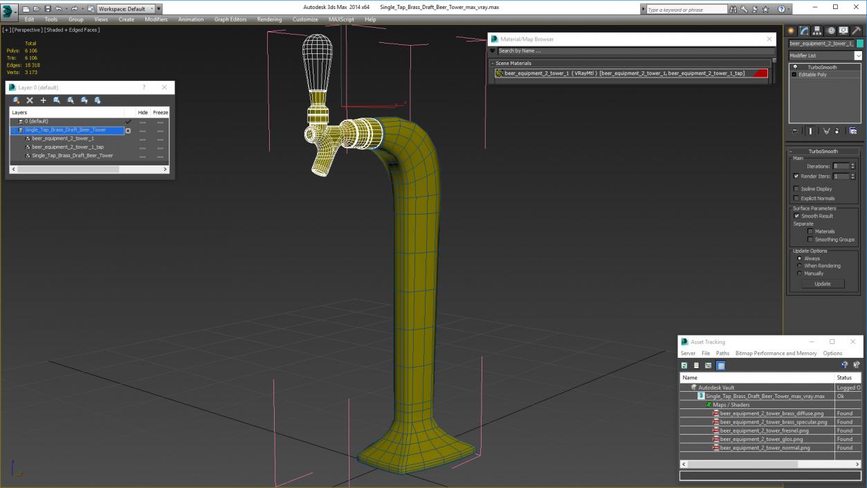 3D Single Tap Brass Draft Beer Tower model