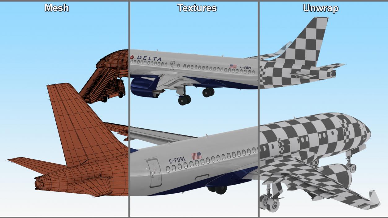 Airbus Delta with Passenger Boarding Stairs Car 3D