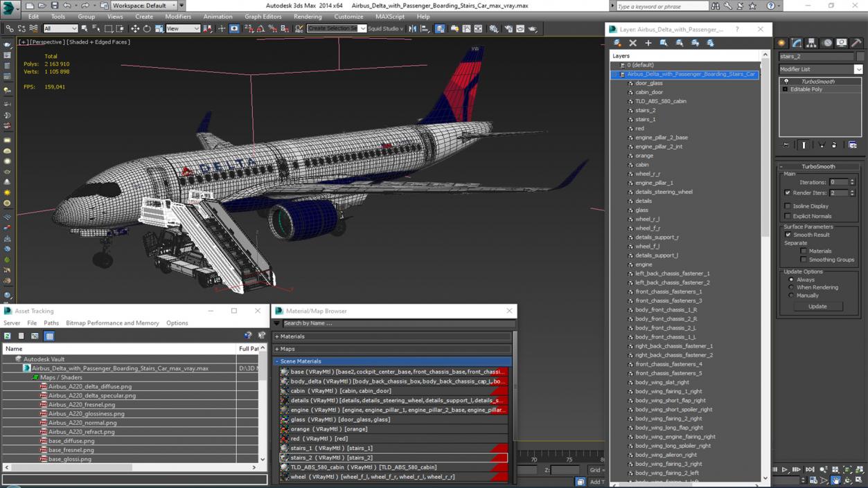 Airbus Delta with Passenger Boarding Stairs Car 3D