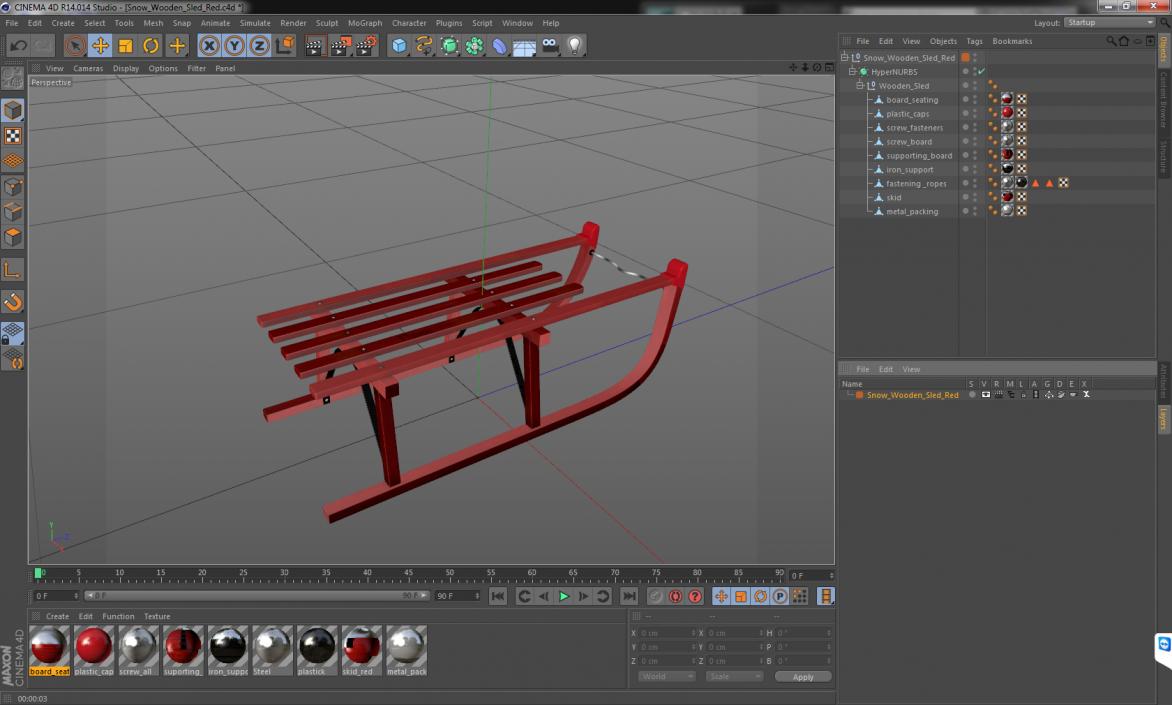 3D model Snow Wooden Sled Red