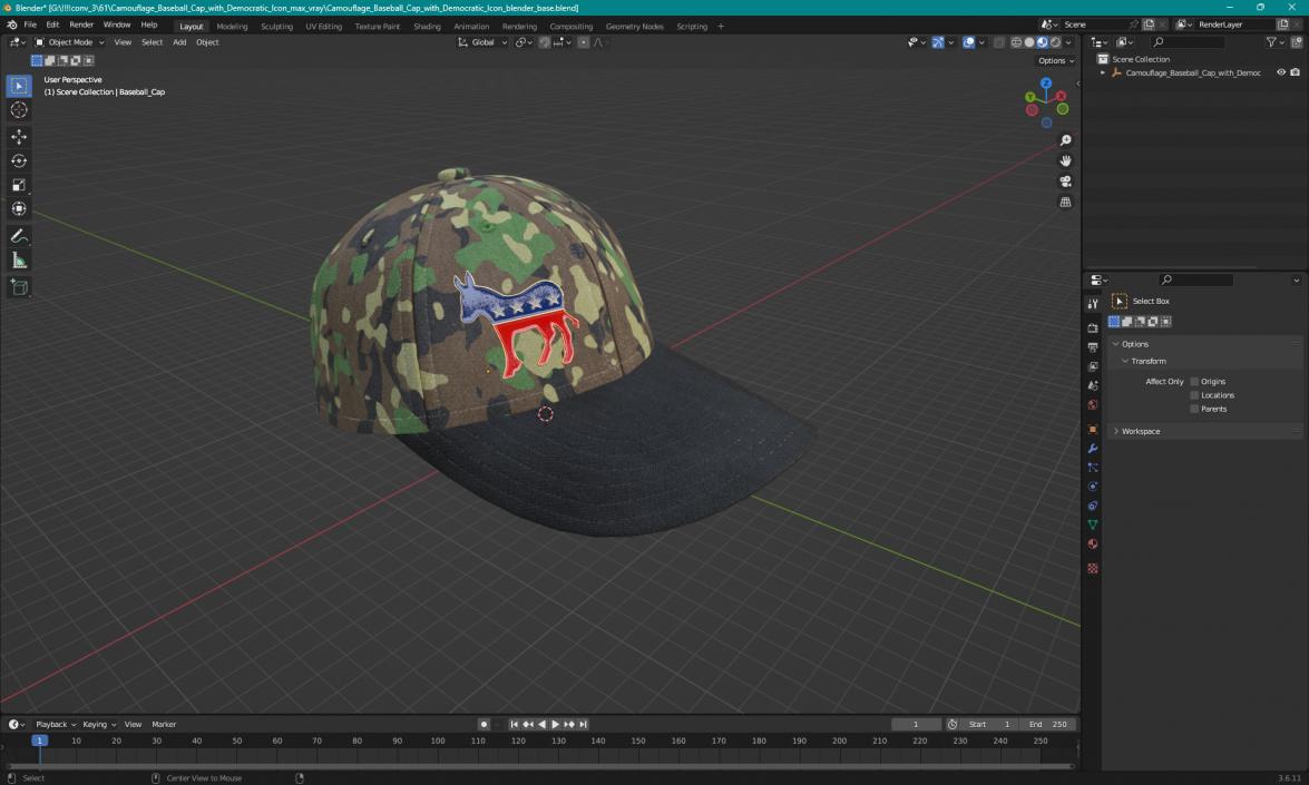 Camouflage Baseball Cap with Democratic Icon 3D model