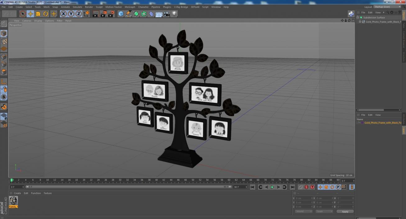 Gold Photo Frame with Black Family Tree 3D model