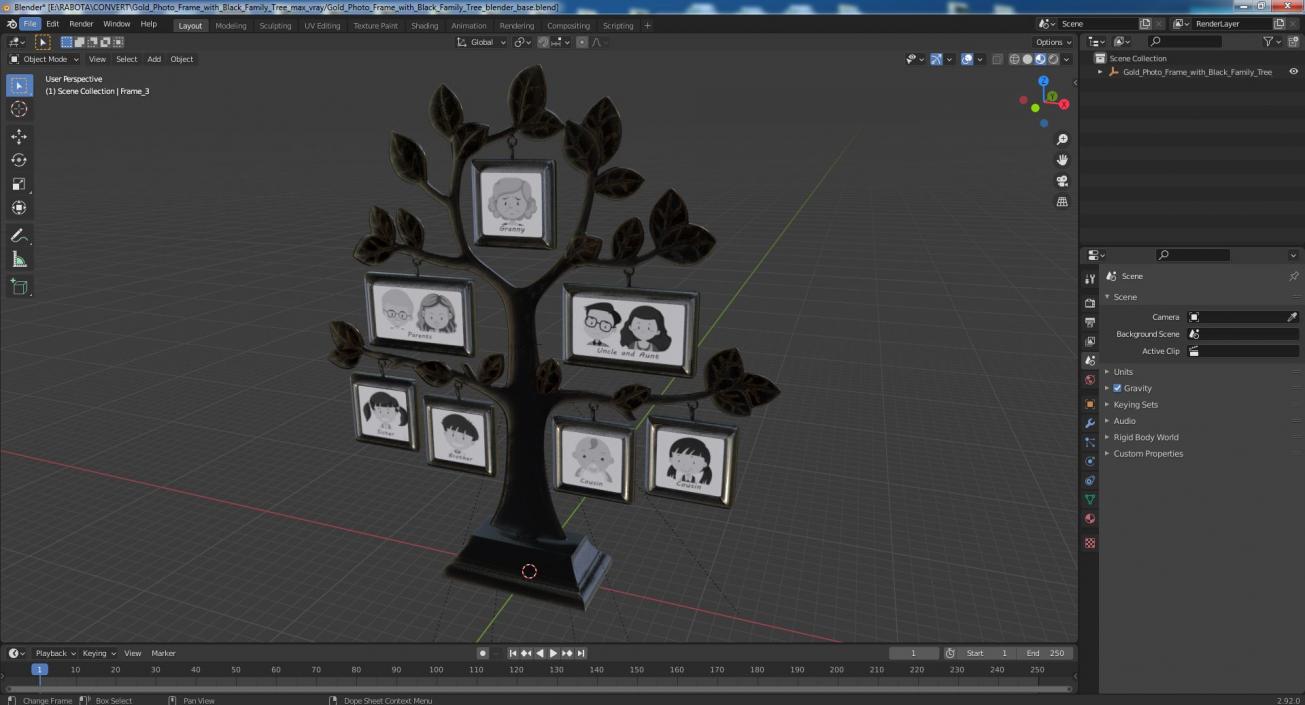 Gold Photo Frame with Black Family Tree 3D model