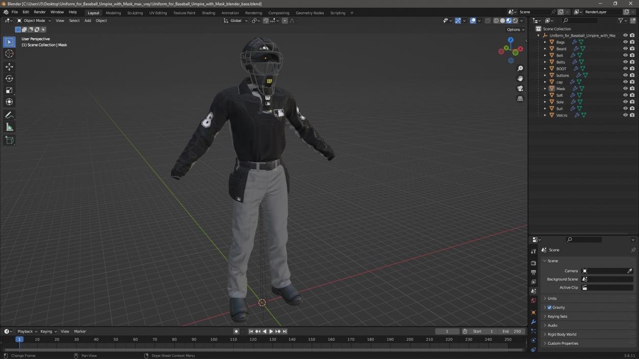 Uniform for Baseball Umpire with Mask 3D