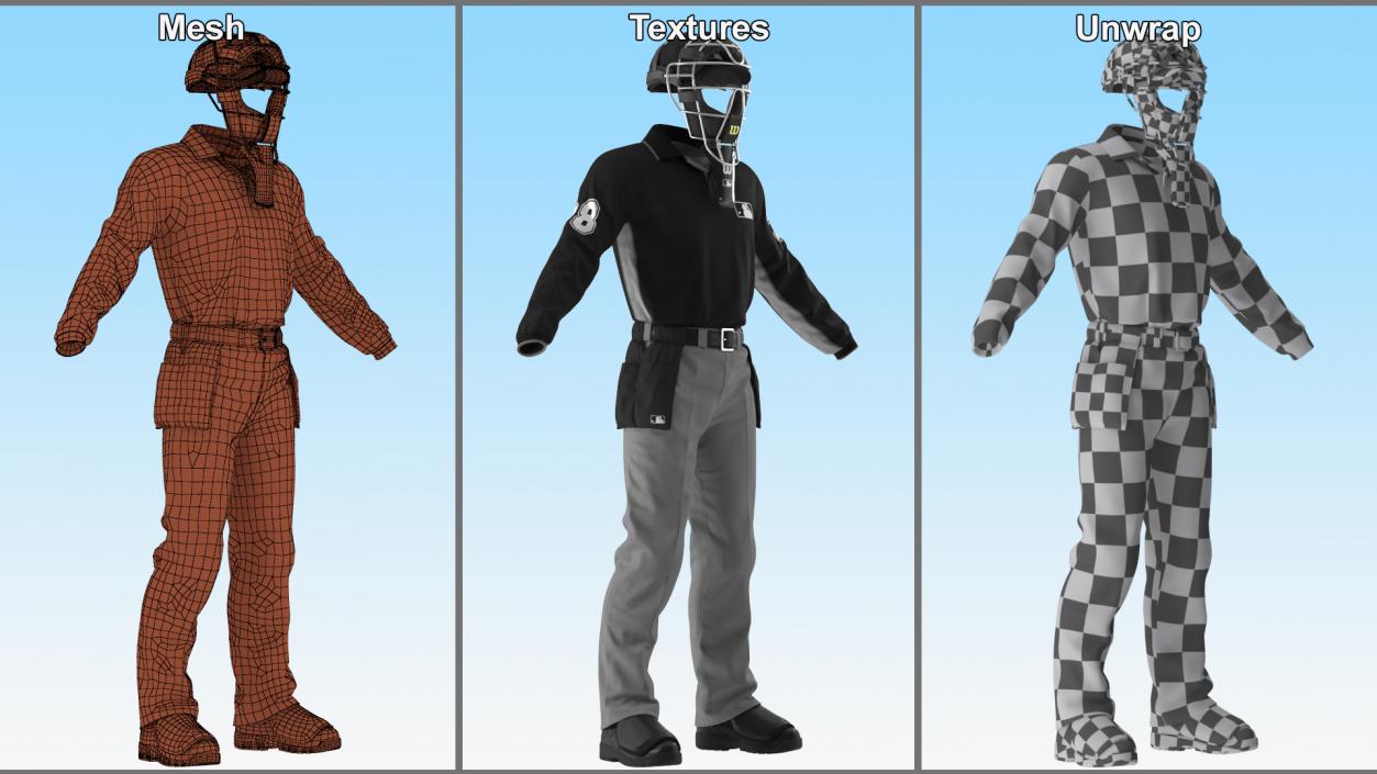 Uniform for Baseball Umpire with Mask 3D