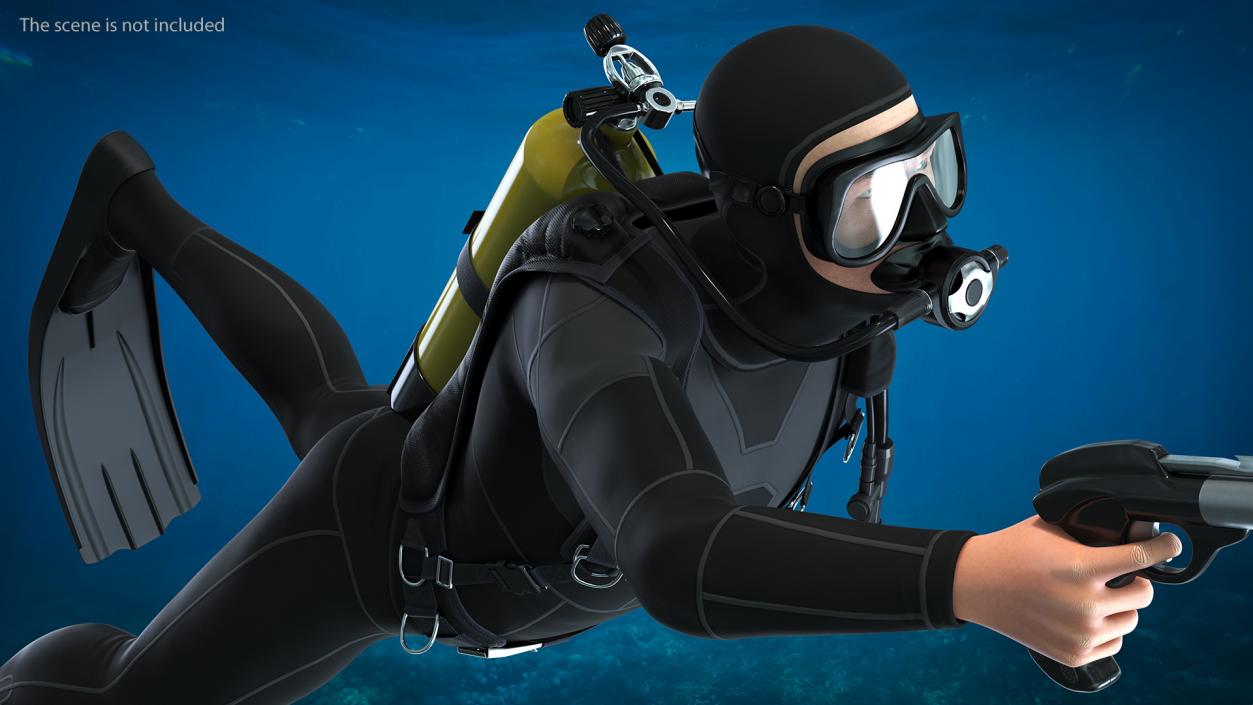 3D Diver with Underwater Speargun Rigged for Cinema 4D