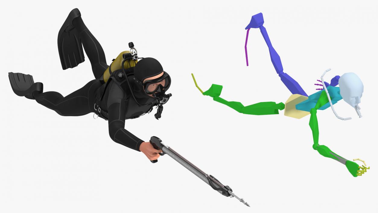 Diver with Underwater Speargun Rigged 3D