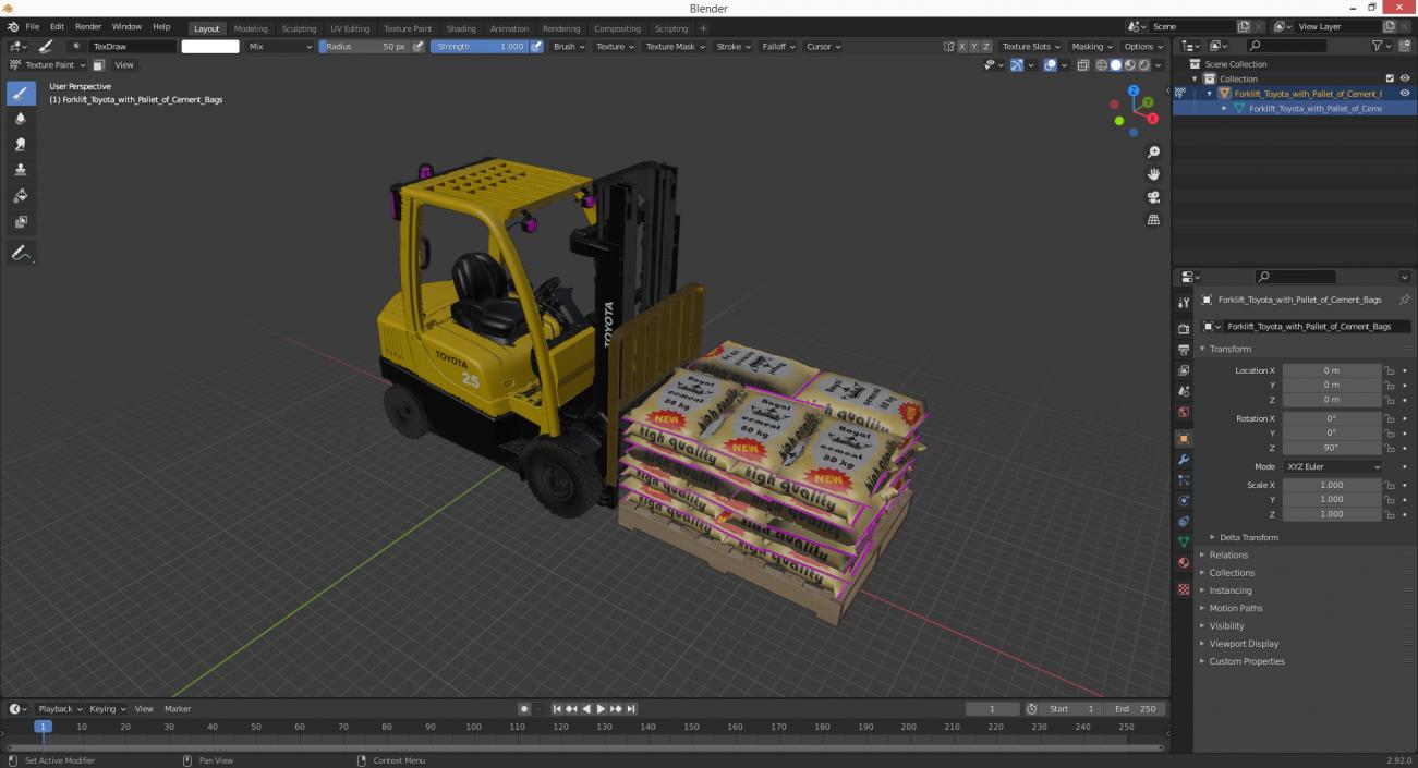 Forklift Toyota with Pallet of Cement Bags 3D