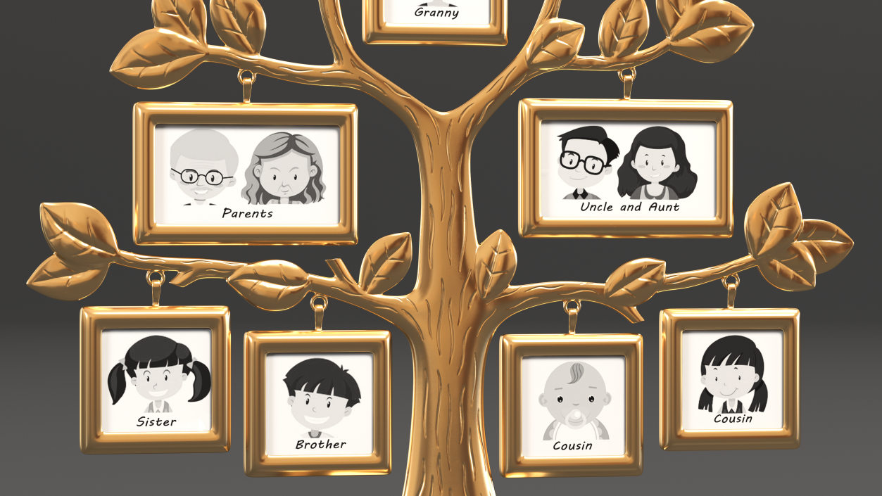 3D Golden Family Tree and Hanging Photo Frames model