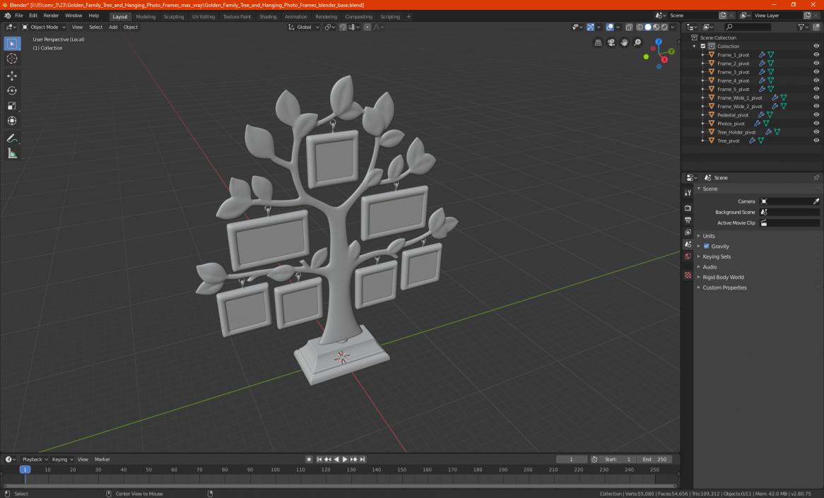 3D Golden Family Tree and Hanging Photo Frames model