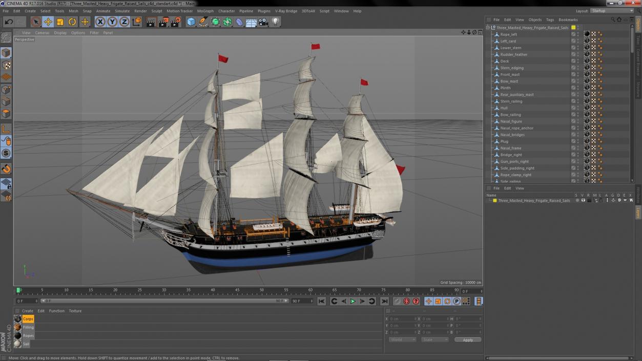 Three Masted Heavy Frigate Raised Sails 3D model