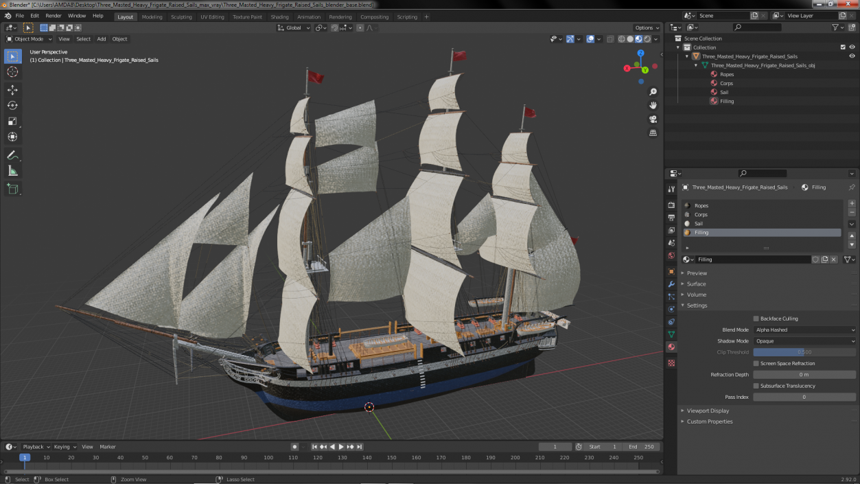 Three Masted Heavy Frigate Raised Sails 3D model