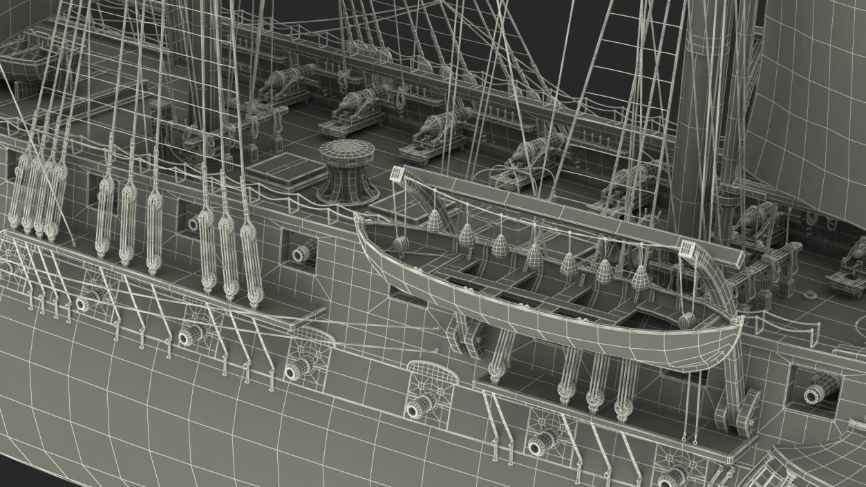 Three Masted Heavy Frigate Raised Sails 3D model