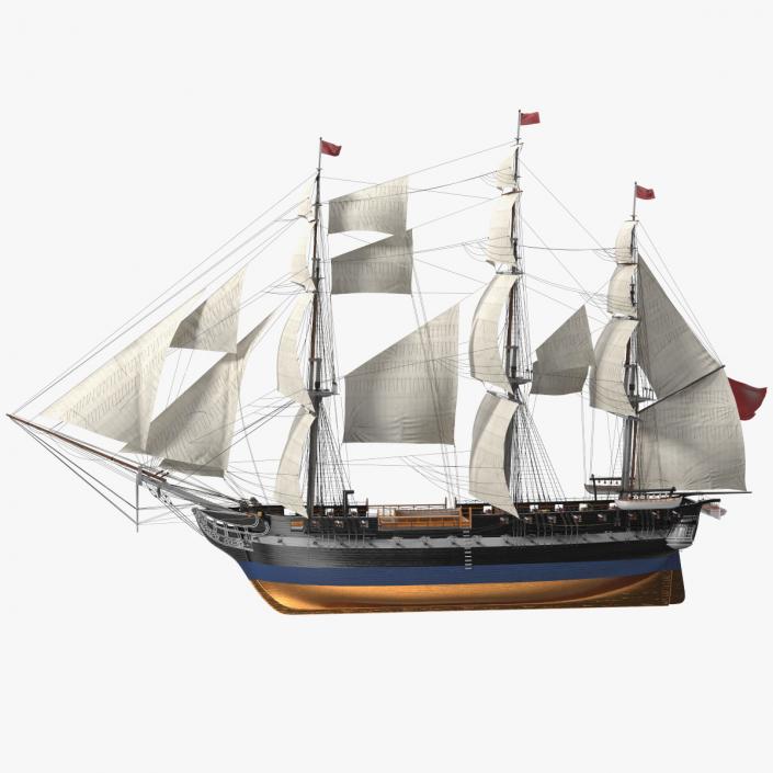 Three Masted Heavy Frigate Raised Sails 3D model