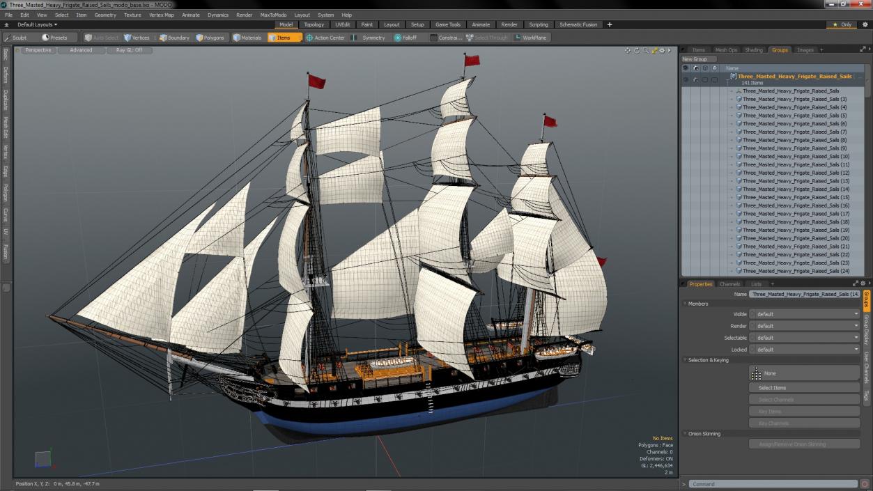 Three Masted Heavy Frigate Raised Sails 3D model