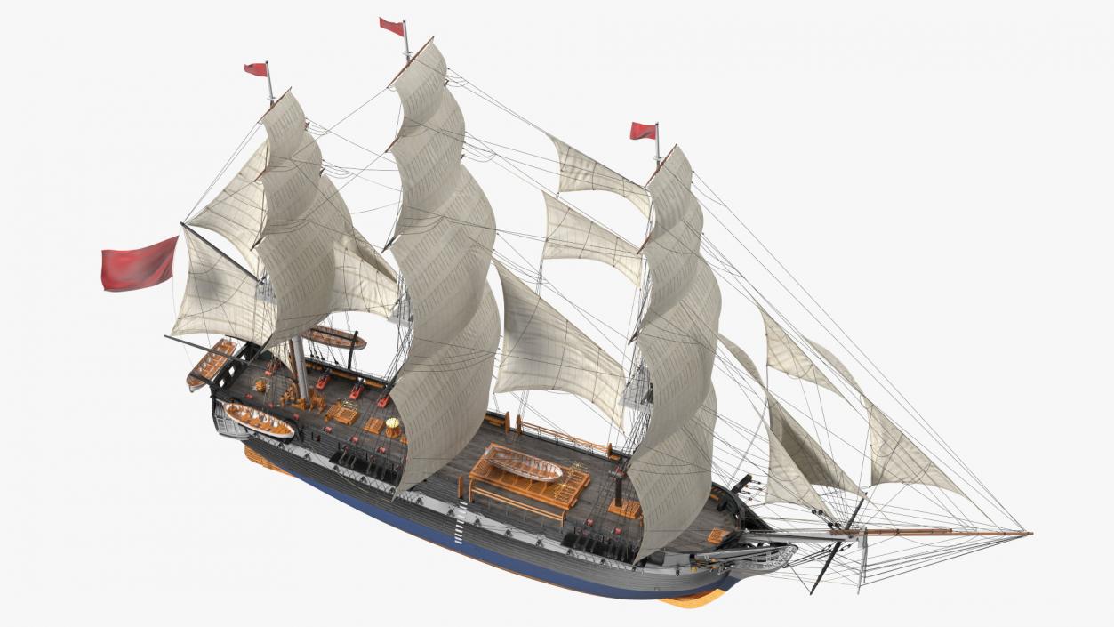 Three Masted Heavy Frigate Raised Sails 3D model