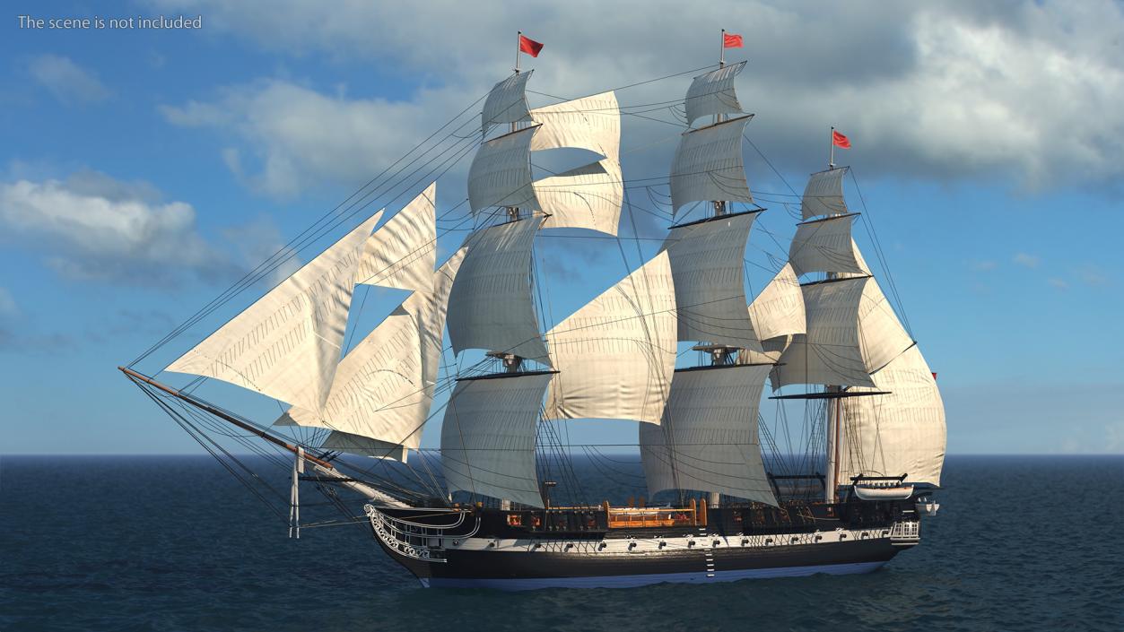 Three Masted Heavy Frigate Raised Sails 3D model