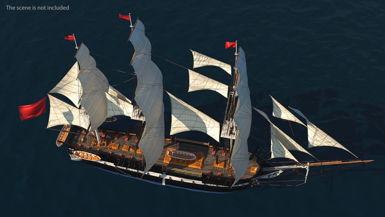 Three Masted Heavy Frigate Raised Sails 3D model