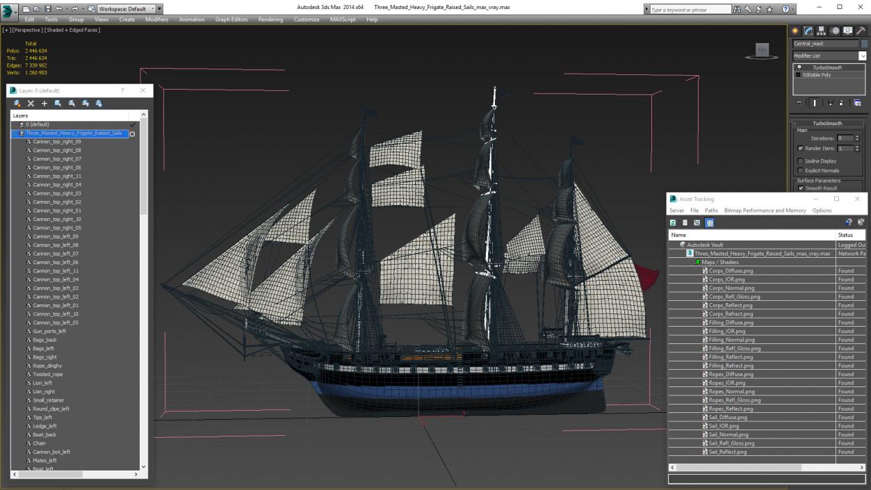 Three Masted Heavy Frigate Raised Sails 3D model