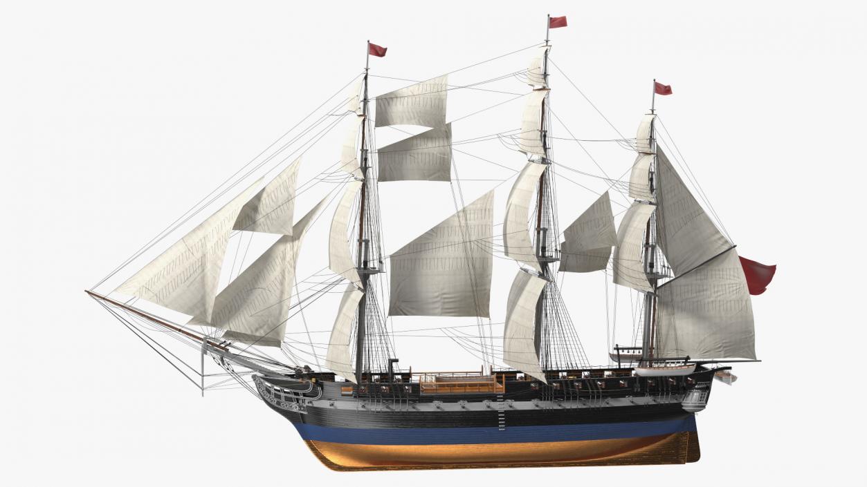 Three Masted Heavy Frigate Raised Sails 3D model