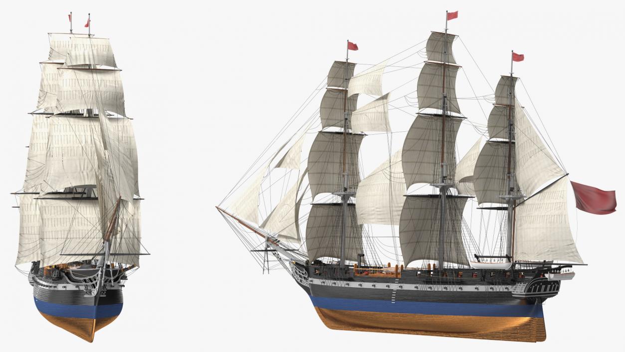 Three Masted Heavy Frigate Raised Sails 3D model