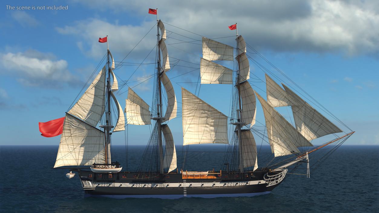 Three Masted Heavy Frigate Raised Sails 3D model