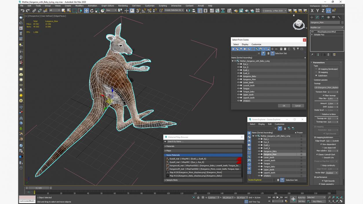 3D Mother Kangaroo with Baby Lying