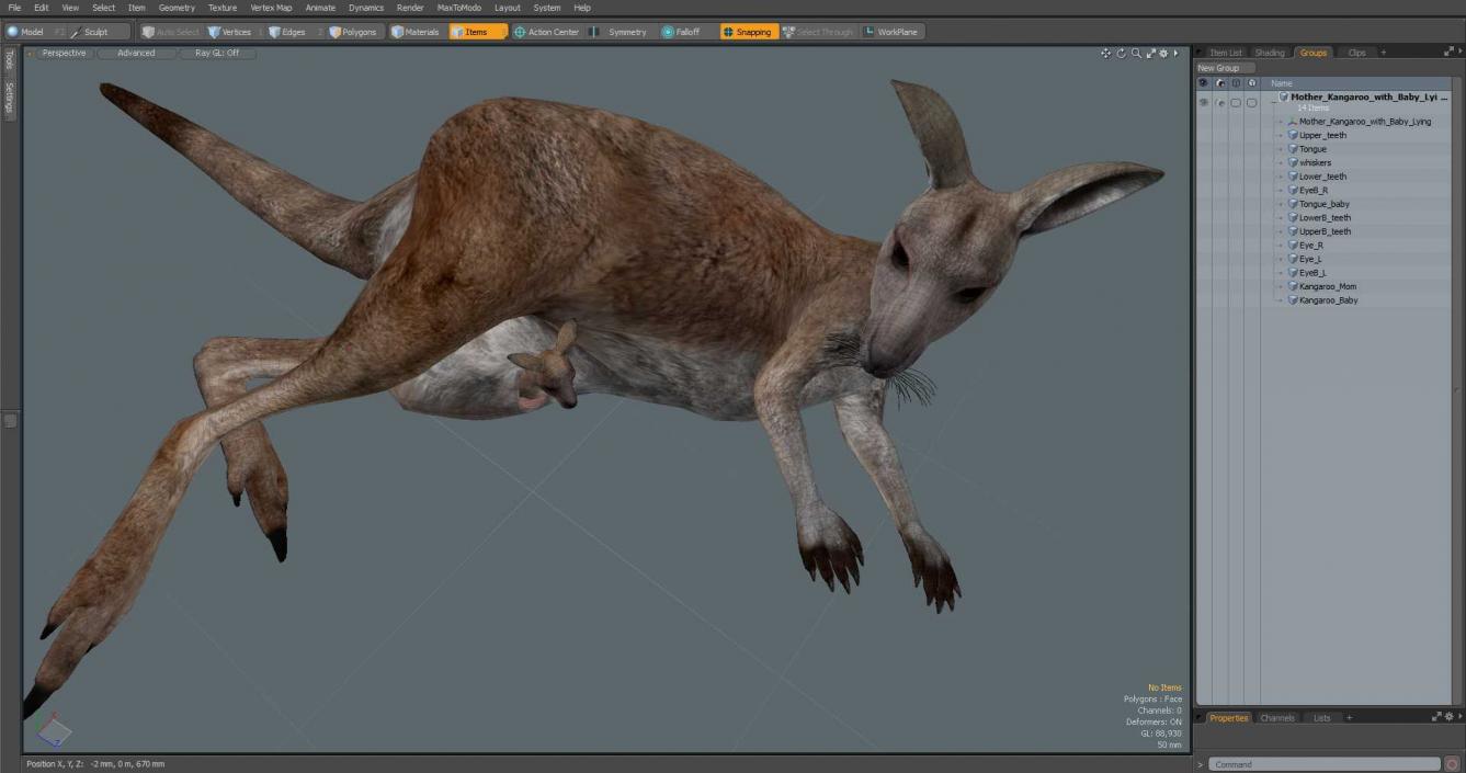 3D Mother Kangaroo with Baby Lying