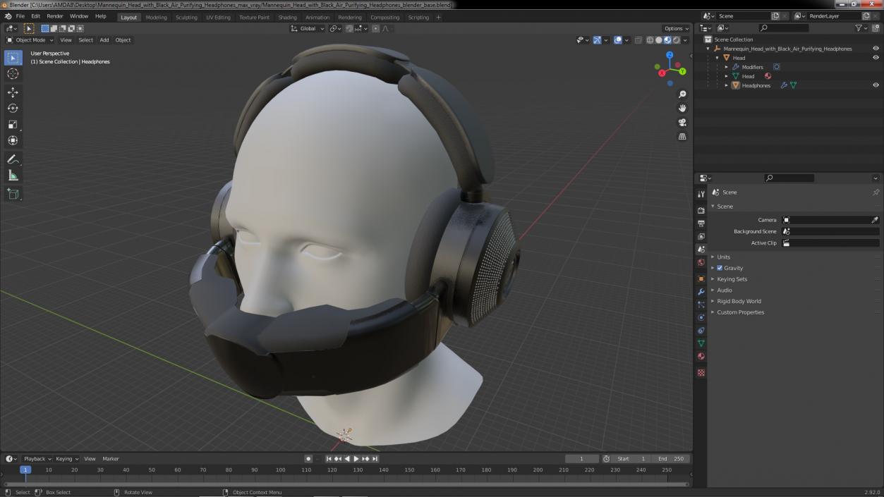 3D model Mannequin Head with Black Air Purifying Headphones