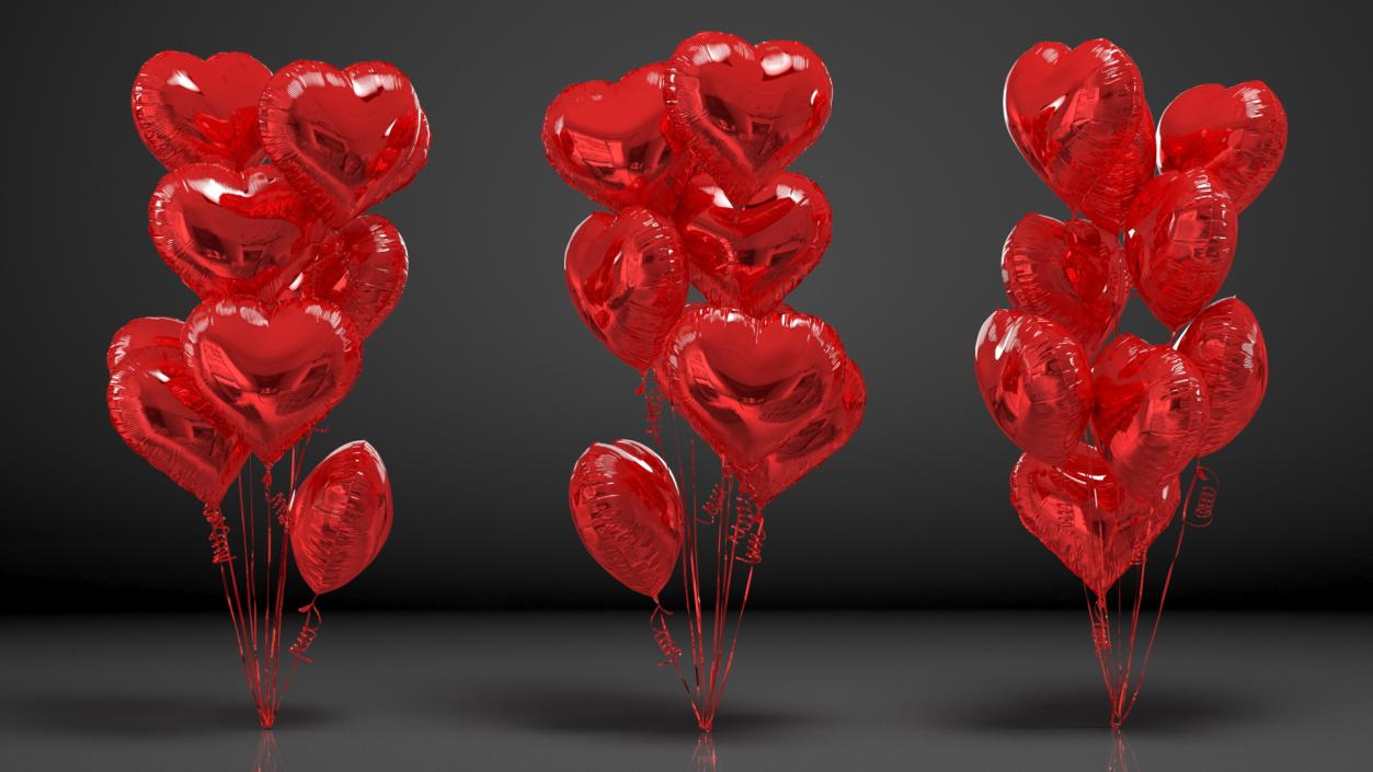 Helium Red Heart Shape Balloons Bouquet 3D model