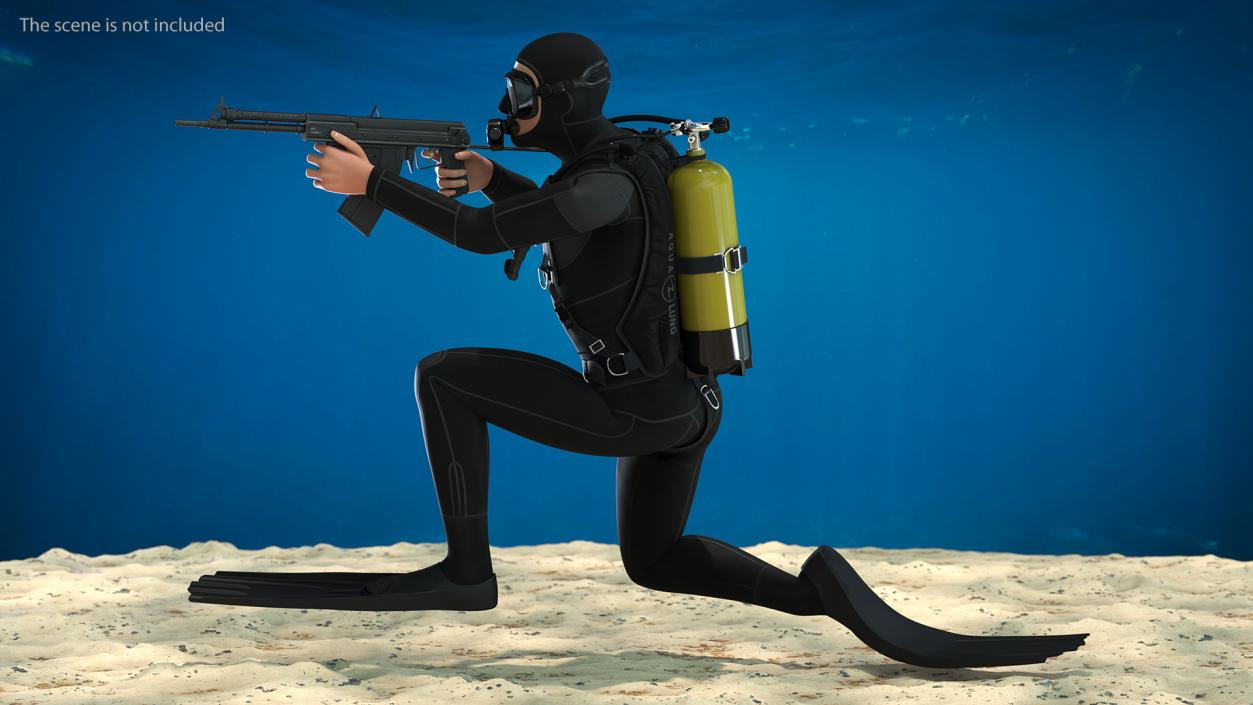 3D Combat Swimmer with Underwater Rifle APS Rigged for Maya