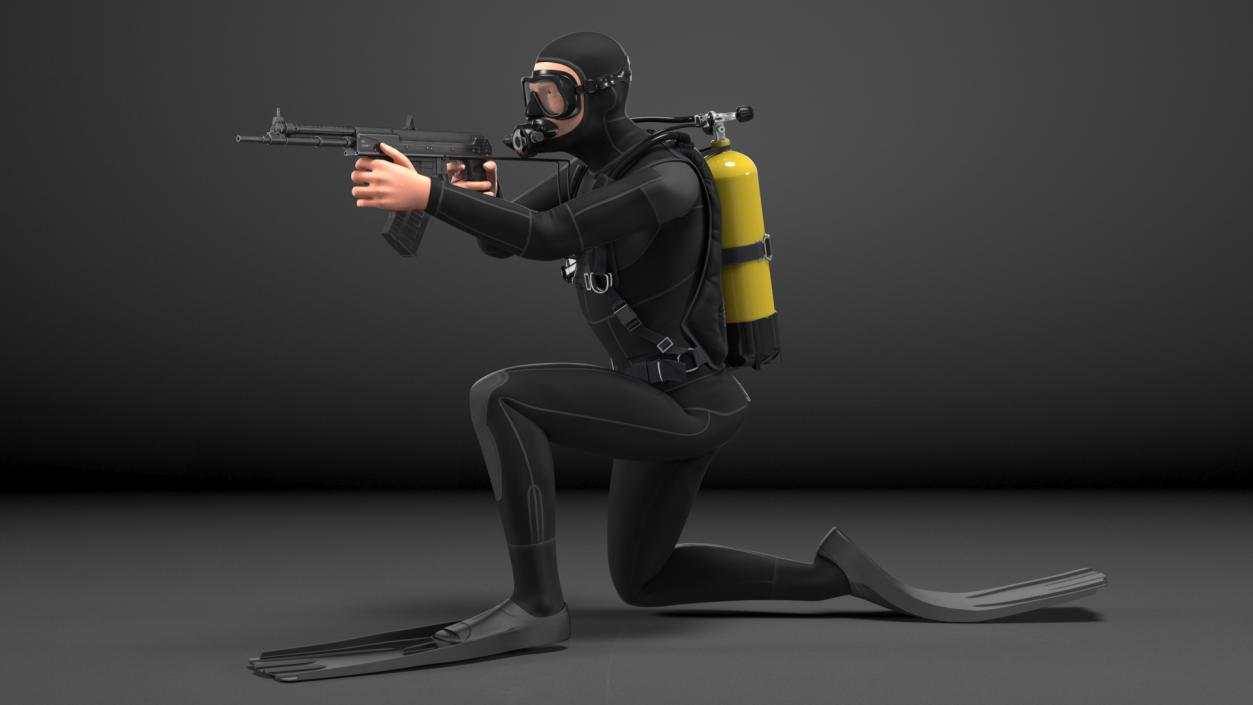 3D Combat Swimmer with Underwater Rifle APS Rigged for Maya