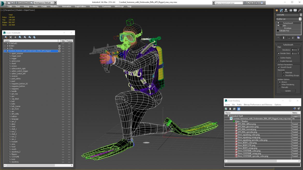 3D Combat Swimmer with Underwater Rifle APS Rigged for Maya