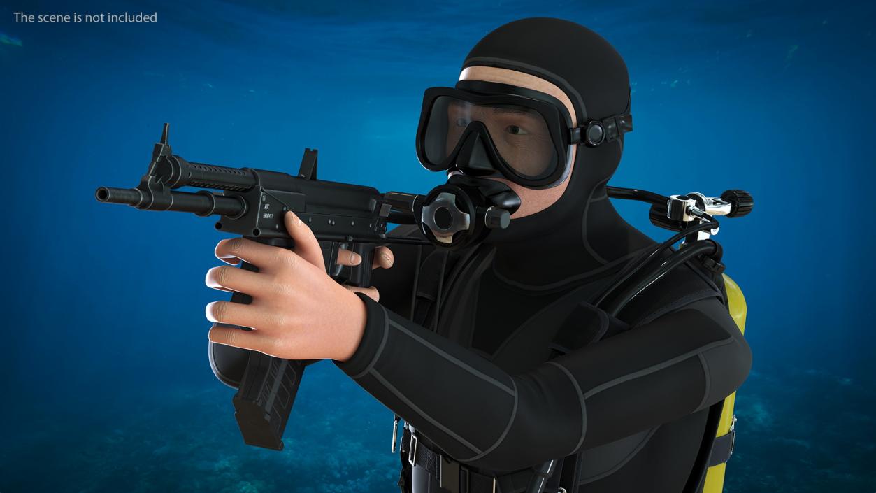 3D Combat Swimmer with Underwater Rifle APS Rigged for Cinema 4D