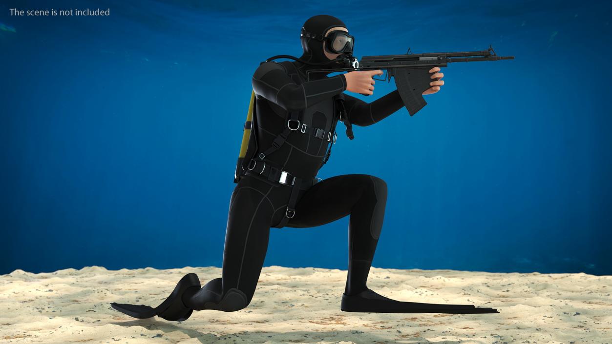 3D Combat Swimmer with Underwater Rifle APS Rigged for Maya