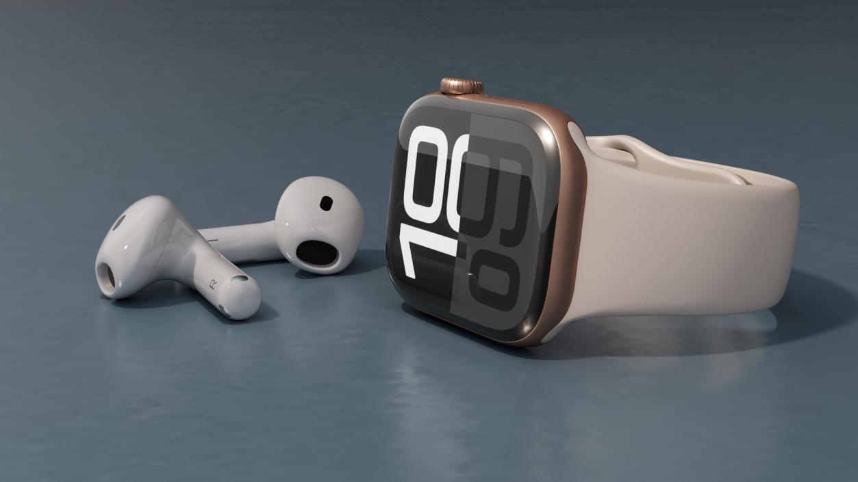 3D Apple Watch 10 Rose Gold and AirPods 4 model