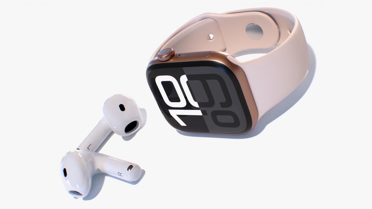 3D Apple Watch 10 Rose Gold and AirPods 4 model