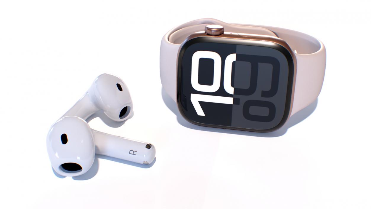 3D Apple Watch 10 Rose Gold and AirPods 4 model