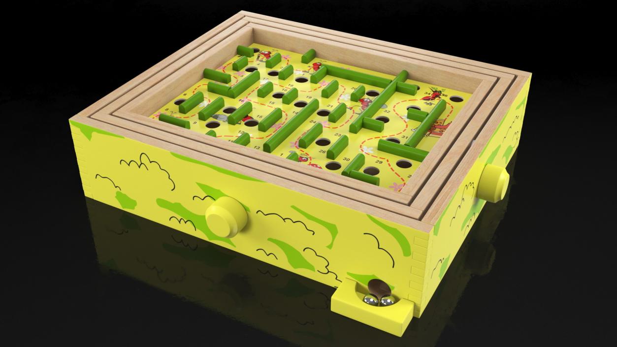 3D Wooden Maze Game with Steel Marbles Painted model