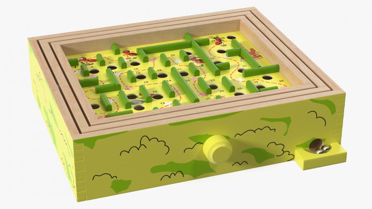 3D Wooden Maze Game with Steel Marbles Painted model