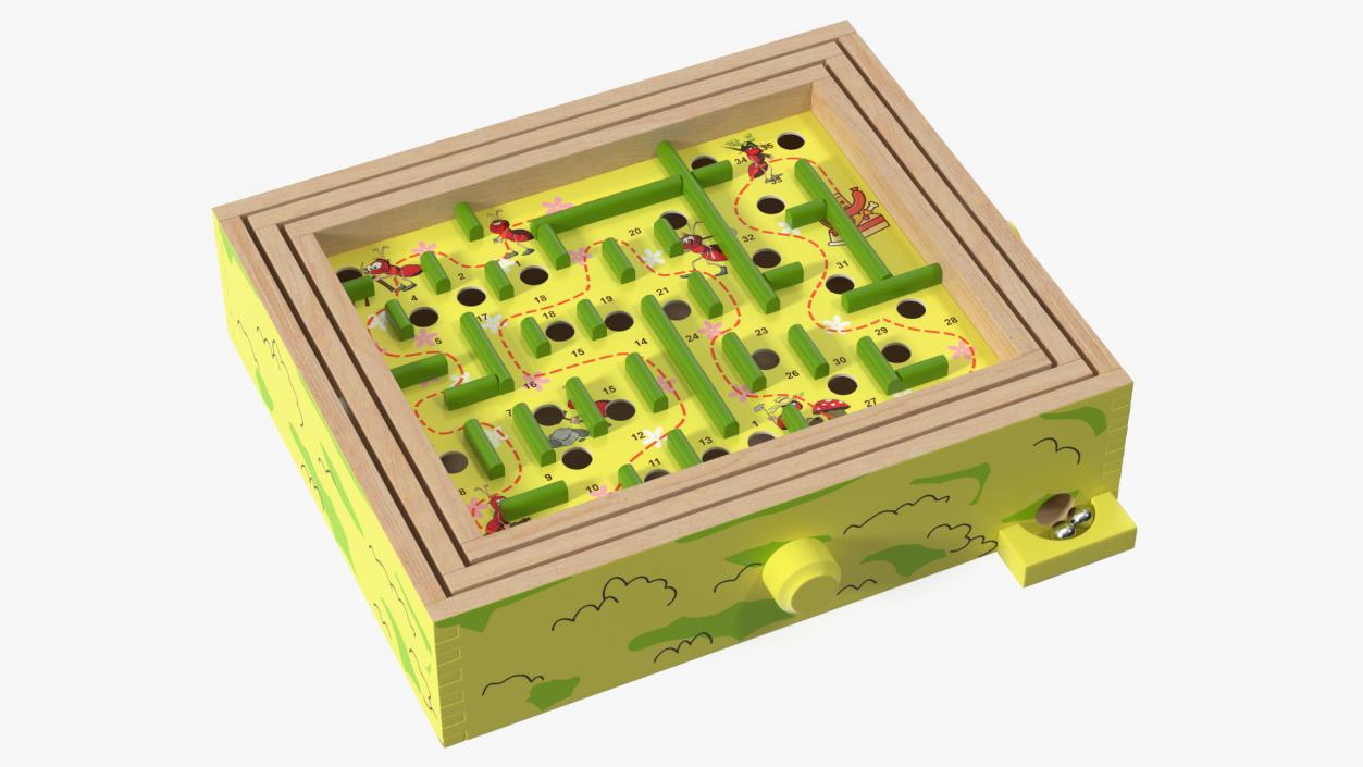 3D Wooden Maze Game with Steel Marbles Painted model