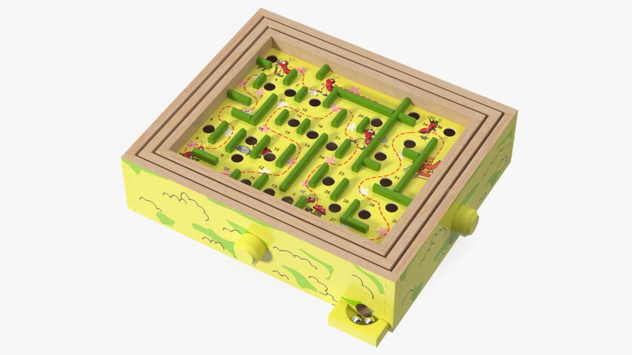 3D Wooden Maze Game with Steel Marbles Painted model