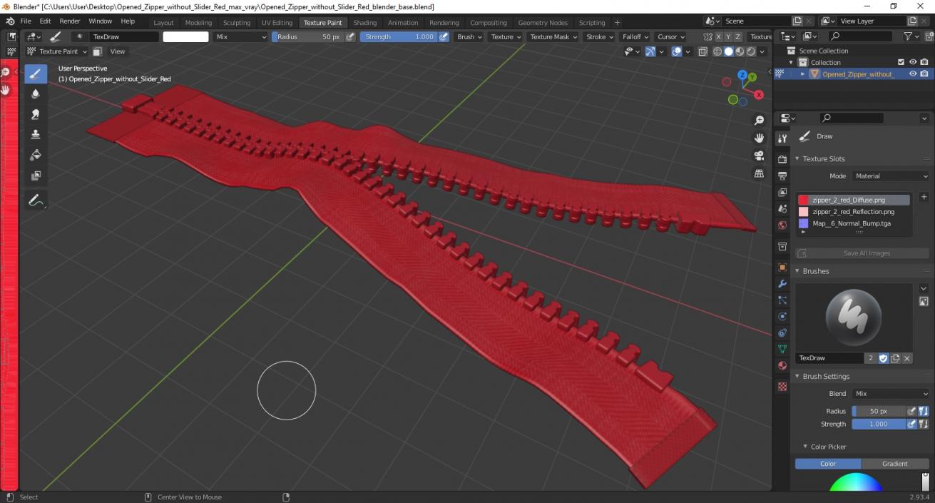 Opened Zipper without Slider Red 3D