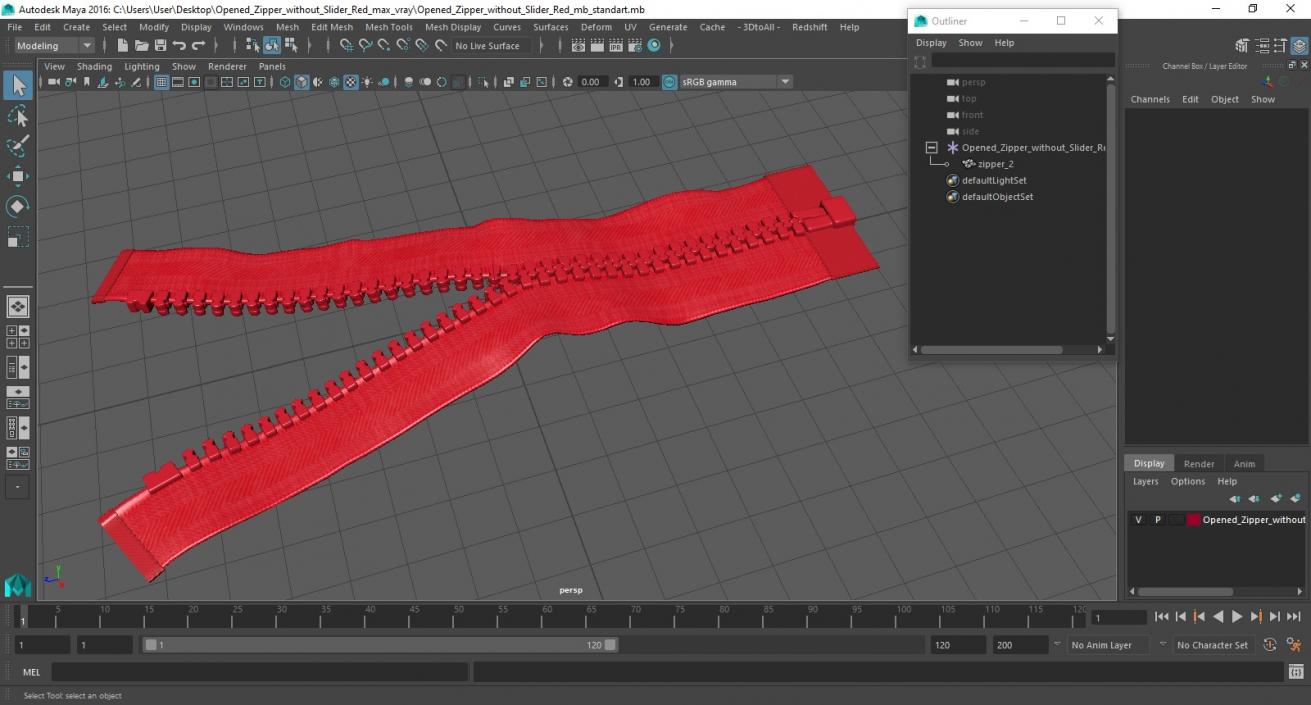 Opened Zipper without Slider Red 3D