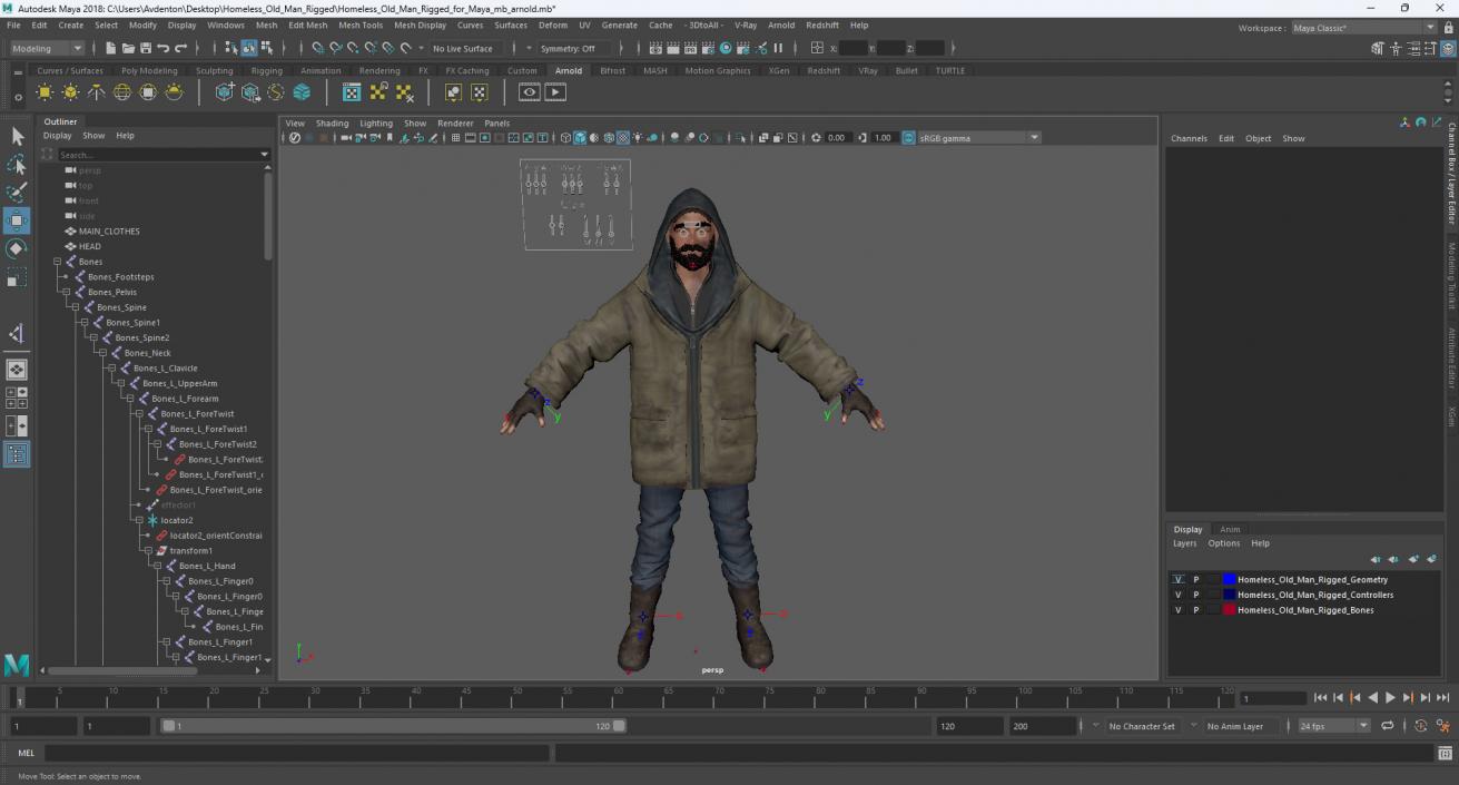 Homeless Old Man Rigged for Maya 3D