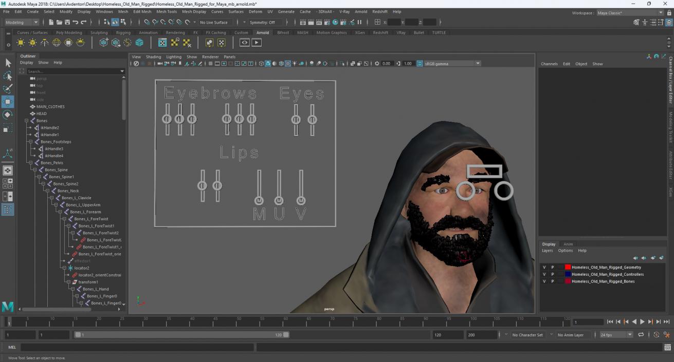 Homeless Old Man Rigged for Maya 3D