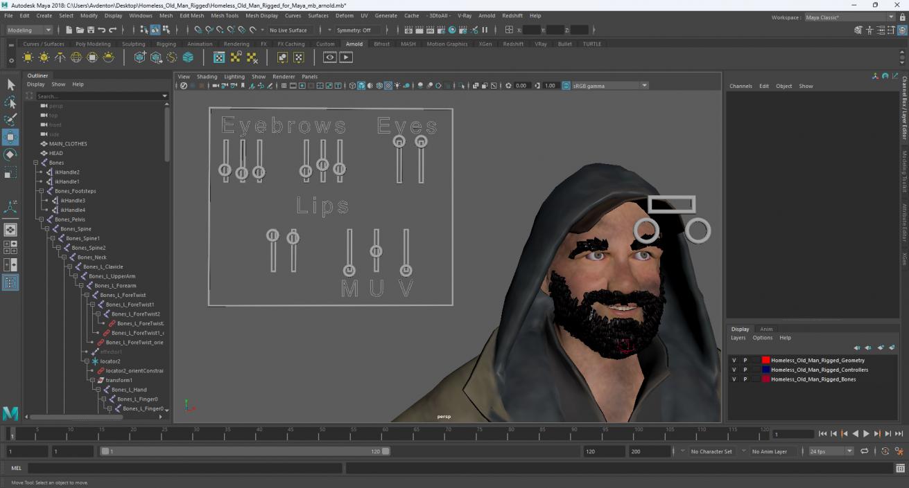 Homeless Old Man Rigged for Maya 3D