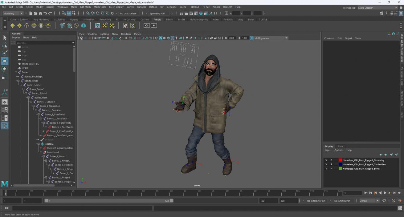 Homeless Old Man Rigged for Maya 3D